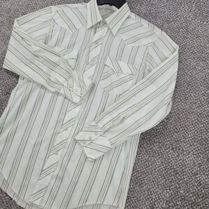 Western Fashions Mens Pearl Snap Shirt Striped Green Tan Vintage 16-33 L/S